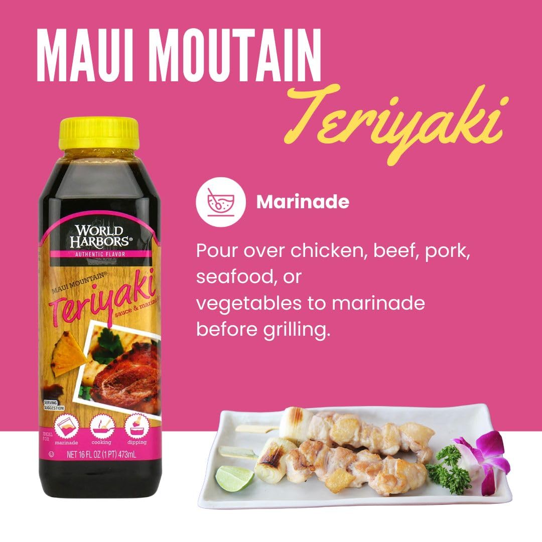 World Harbors Maui Mountain Teriyaki Sauce & Marinade Perfect For Fish, Chicken, Beef, Pork, Wings, Dumplings, Shrimp, Steak, St