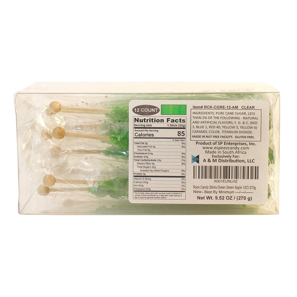 Espeez Extra Large Green Apple Rock Candy Sticks - 12 Count - Individually Wrapped Lollipops for Candy Buffets and Events