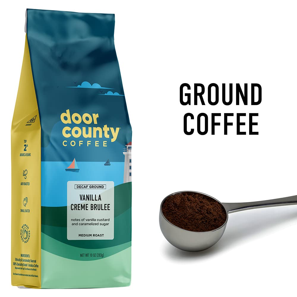 Door County Coffee Vanilla Creme Brulee Decaf Flavored Coffee 10Oz Bag | Ground Coffee Medium Roast | 100% Arabica Coffee | Vanilla Creme Brulee Decaf