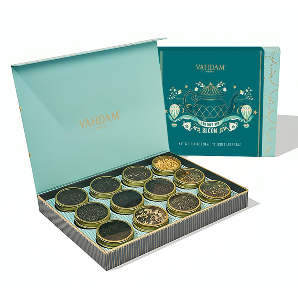 Vahdam, Bloom - Assorted Tea Gift Sets, 12 Teas Luxury Gift Box | 100% Natural Ingredients - Green Tea, Chai Tea, Herbal Tea, Black Tea | Premium Tea Gift Sets | Gifts For Women & Men