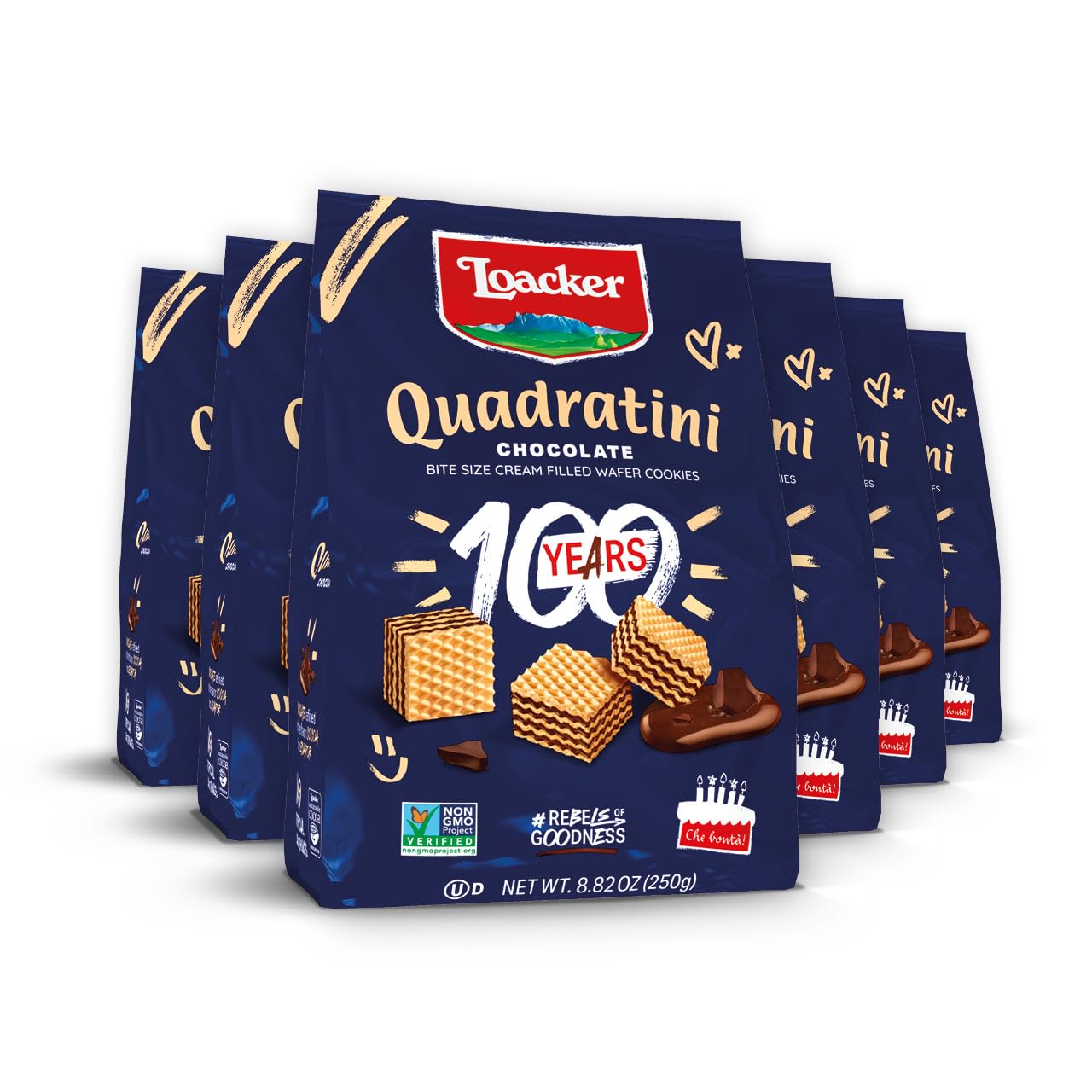 Loacker Quadratini Chocolate Wafer Cookies, Pack of 6, 8.82oz, Crispy with Creamy Layers, Non-GMO, No Artificial Ingredients