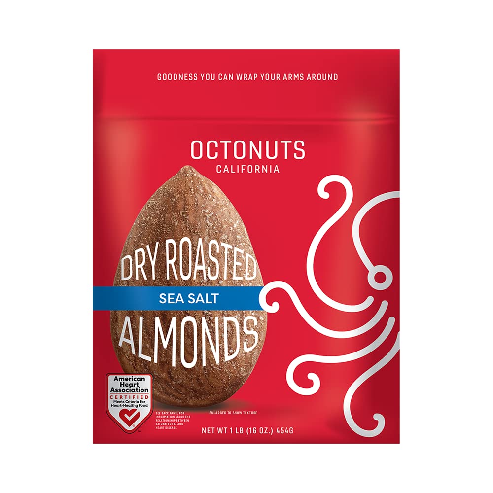 Octonuts Sea Salt Almonds 16Oz - Dry Roasted California Almonds - Sea Salt Almond Snacks - American Heart Association Certified For Heart-Healthy Food, Gluten Free, Paleo Vegan, Kosher, Keto, Non-Gmo