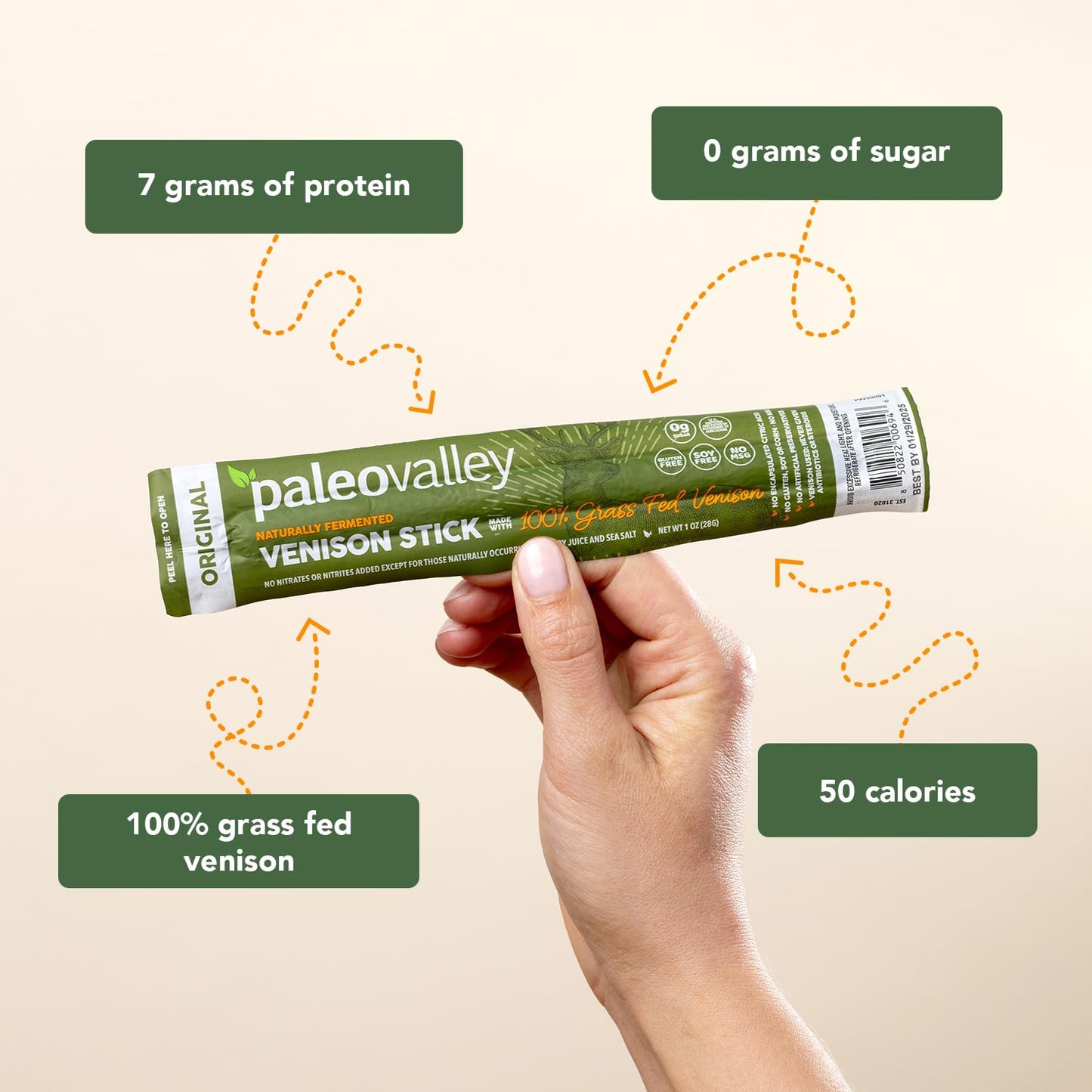 Paleovalley Venison Sticks – 10 Pack – Keto-Friendly, High Protein, Low-Calorie, Gluten-Free Meat Snack