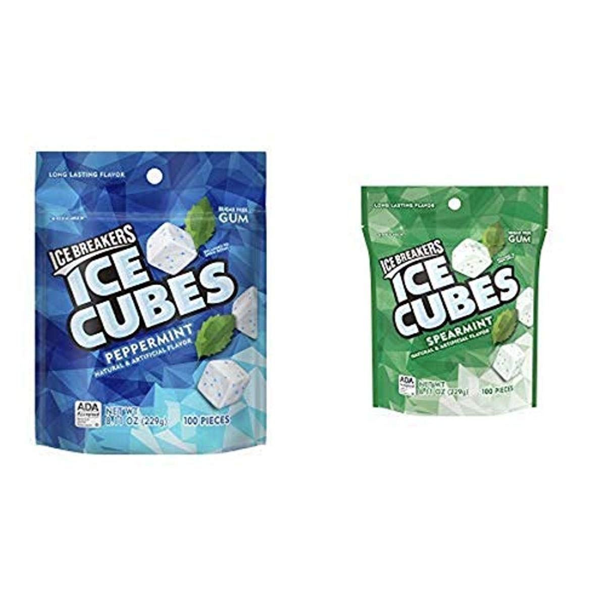 ICE BREAKERS Ice Cubes Sugar Free Gum Variety bundle; Peppermint and Spearmint Gum, 100 Piece each
