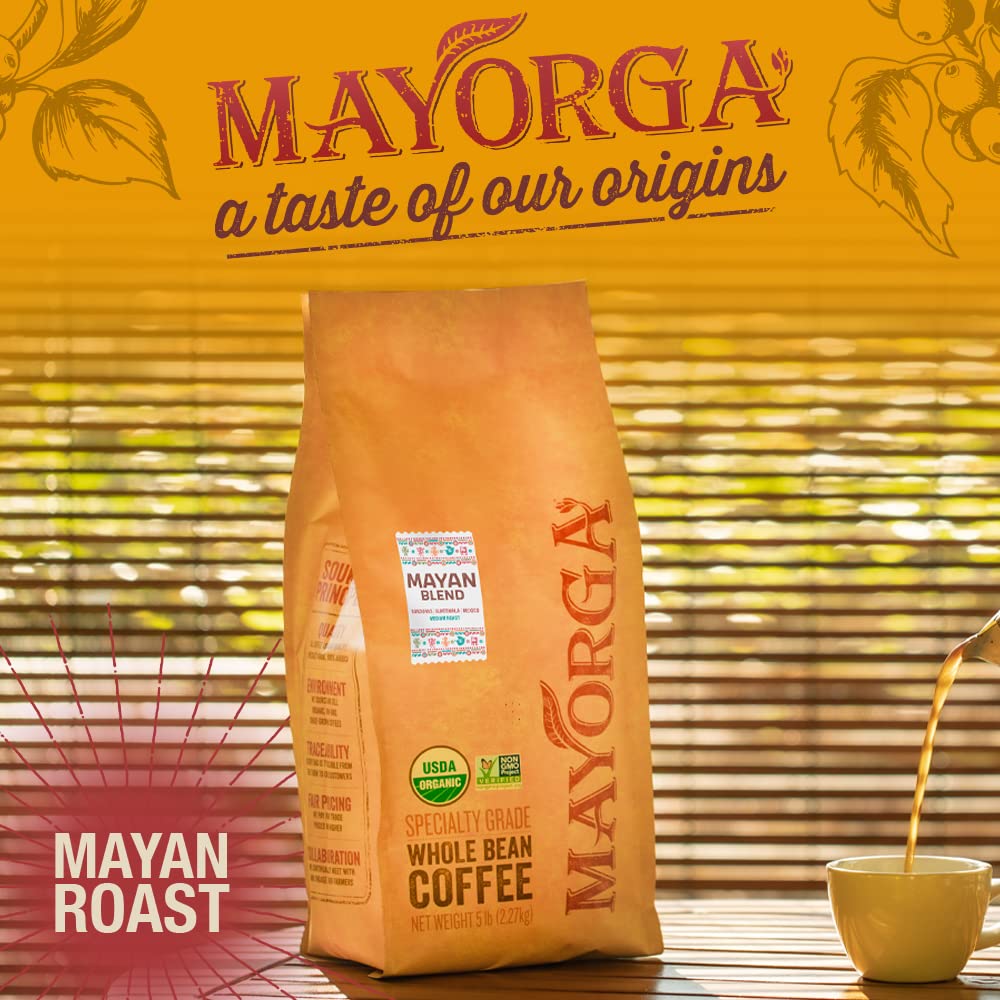 Mayorga Organic Coffee 5lb Mayan Blend - Medium Roast Whole Bean Coffee Specialty Grade, 100% Arabica, Slow Roasted, Chocolate a