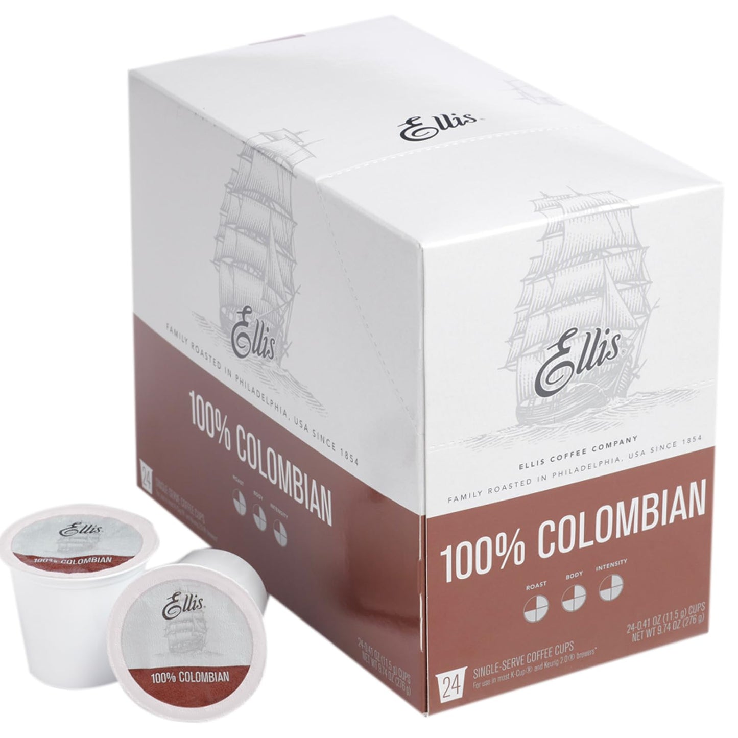 ELLIS COFFEE Single Serve Coffee Pods - 100% Colombian Medium Roast - 24 Pods for K-cup and Keurig Brewers