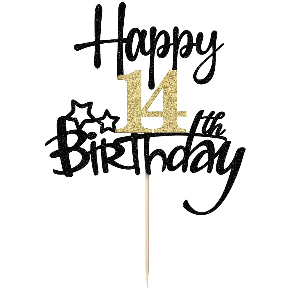 Kaoenla Black Gold Glitter Cake Topper - Happy 14th Birthday, Plastic, 14th Model