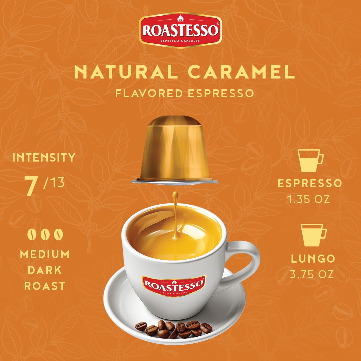 Roastesso Coffee Espresso Pods, Natural Caramel Flavor, Compatible with Nespresso Original Line, Medium Dark Roast, 40 Count