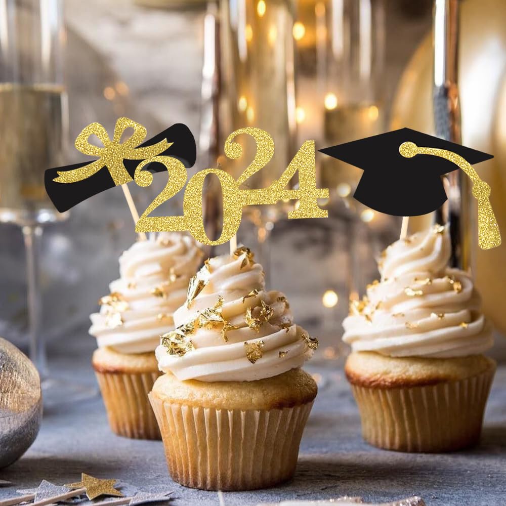 Class Of 2024 Glitter Graduation Cupcake Topper, Food/Appetizer Picks For Graduation Party (Graduation 01)