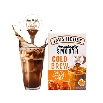 JAVA HOUSE Salted Caramel Latte Cold Brew Coffee Pods, (12 Count) Peel and Pour Pods Hot or Iced