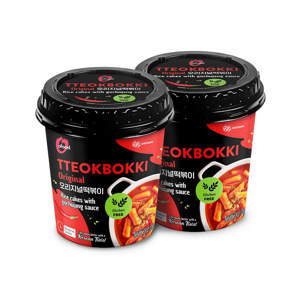 O'Food Original Cup Tteokbokki Pack of 2, Authentic Spicy Korean Street Food, Gluten-Free Korean Rice Cakes, Microwaveable & Ins