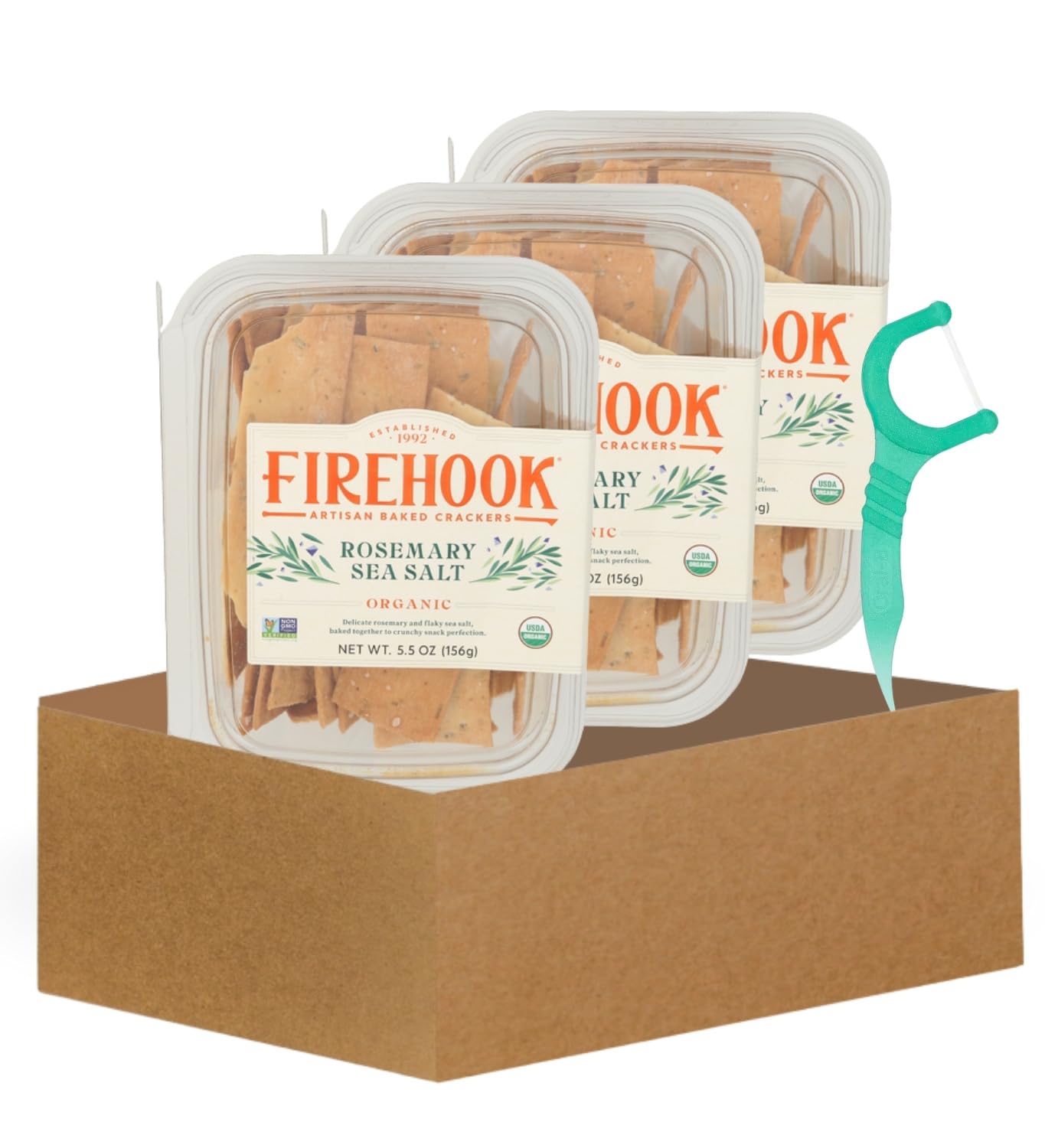 Organic Crackers - 3x Firehook Rosemary Sea Salt-Crackers 5.5 oz Bundle with Dental Floss Picks 40 PC - Herb-Infused Artisan Cra