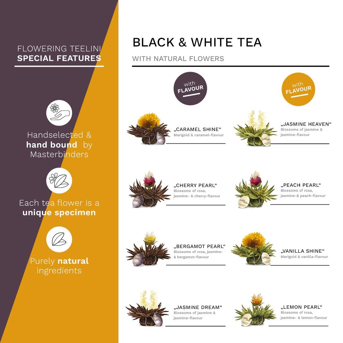Creano Blooming Tea Gift Set - 12 Tea Flowers in Wooden Box - White & Black Tea - Black & White Cup Size
