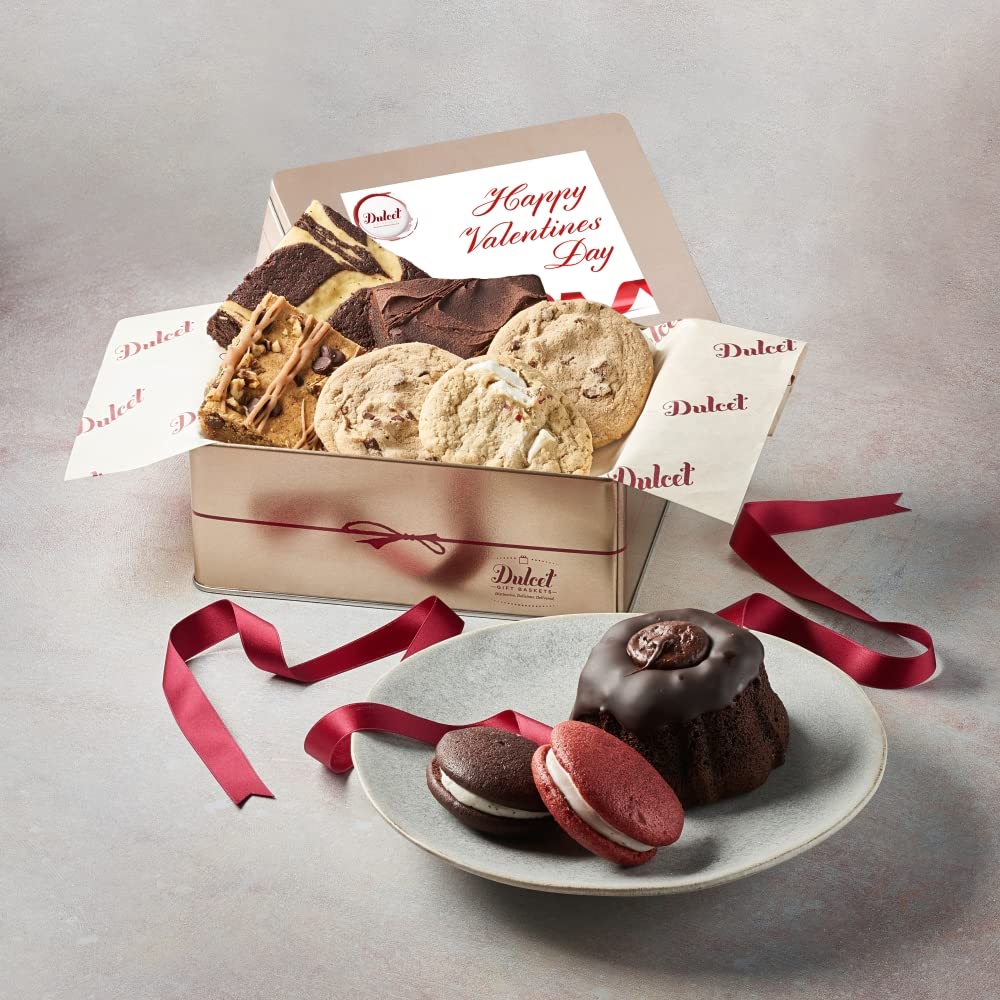 Dulcet Gift Baskets Sweets Sampler Tin with Fresh Baked Pastries and Brownies - Perfect Valentines Gift for Women