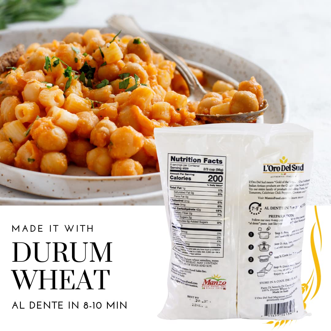 L'Oro Del Sud Organic Ditalini Pasta, 100% Durum Wheat, Ditali Italian Pasta, Tubetti Premium Quality Product Of Italy, 16 Ounce
