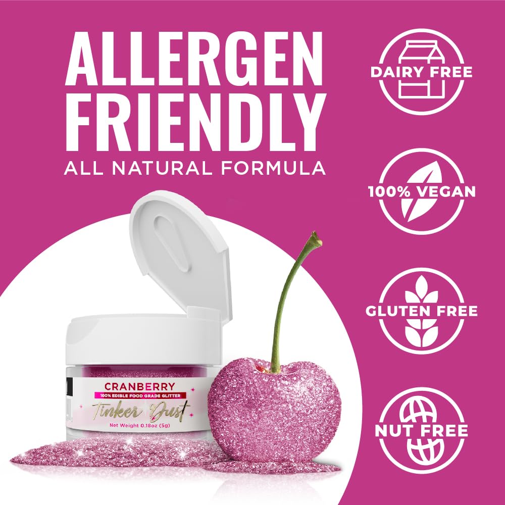 Bakell - Cranberry Tinker Dust (5G, 1X Jar) Edible Glitter For Food, Desserts, And Beverages!