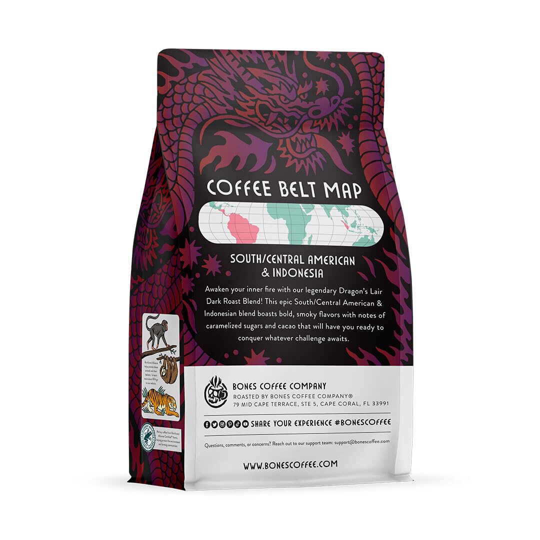 Bones Coffee Company Dragon'S Lair Ground Coffee Beans, Low Acid Flavored Coffee, Made With Arabica Coffee Beans, Dark Roast Gourmet Coffee, Coffee Lover Gift Ideas (12 Oz)