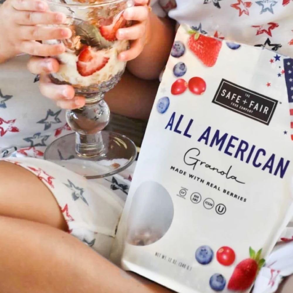 Safe + Fair All American Granola - Gluten-Free & Vegan Snack - Whole Grain Oats With Real Strawberries, Blueberries, And Cranber
