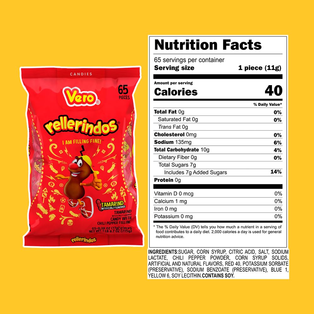 Vero Rellerindos - Tamarind Flavor Hard Candy (65 Units) - Authentic Mexican Candy, Individually Wrapped Hard Candy Pack Perfect