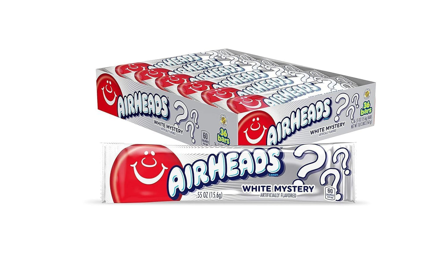 Airheads Candy, White Mystery Flavor, Individually Wrapped Full Size Bars, Taffy, Non Melting, Party, Pack Of 36 Bars