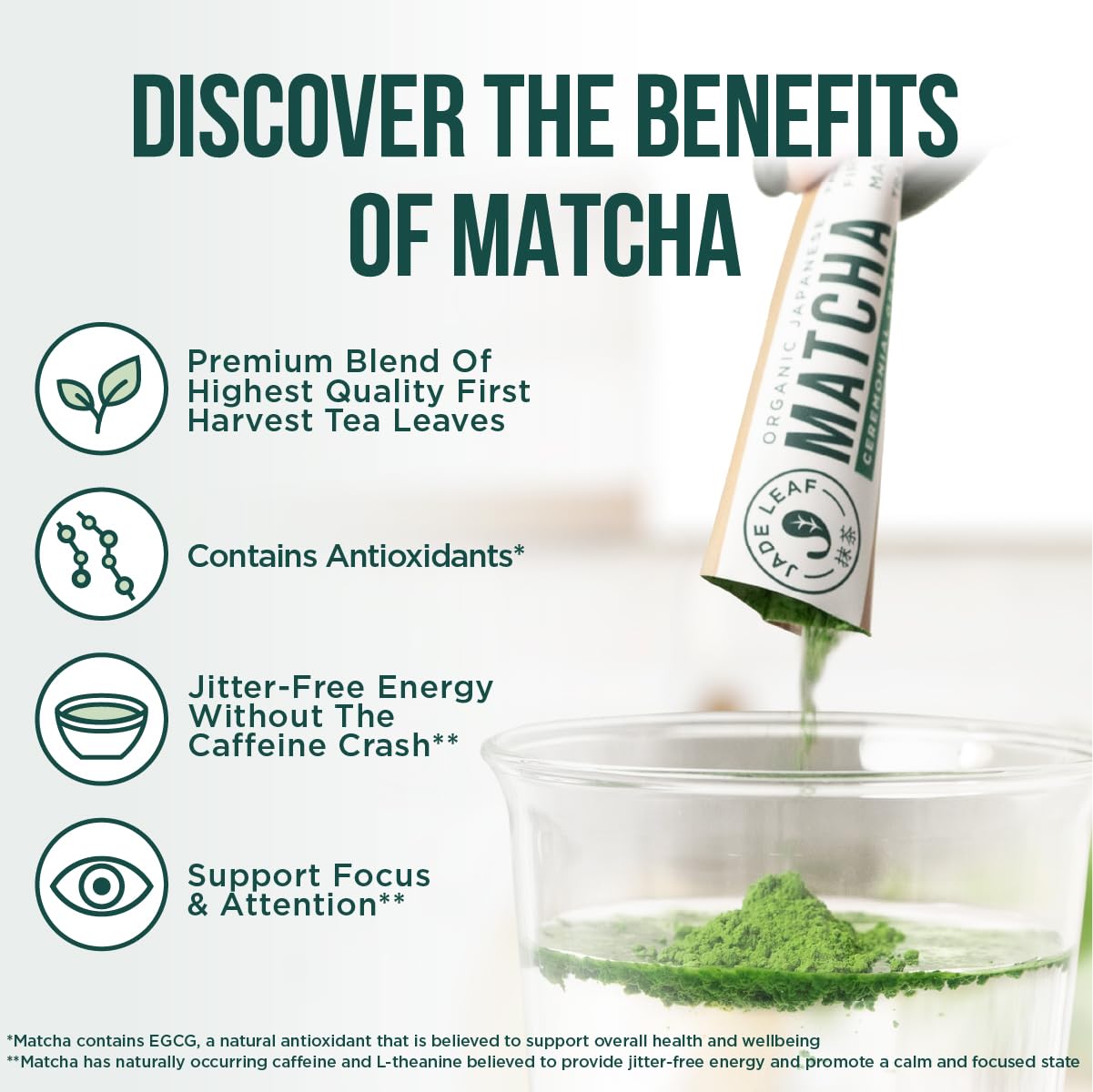 Jade Leaf Matcha Organic Ceremonial Grade Green Tea Powder - Farm Direct First Harvest - Single Serve Stick Packs - Authentic Ja