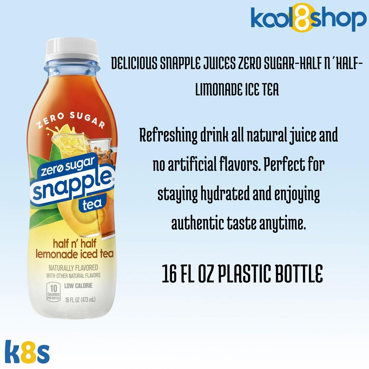 Snapple Zero Sugar Half And Half Lemonade All Natural Iced Tea 16 Fl Oz Plastic Bottles 16 Pack + 15 Sugarcane Disposable Straws