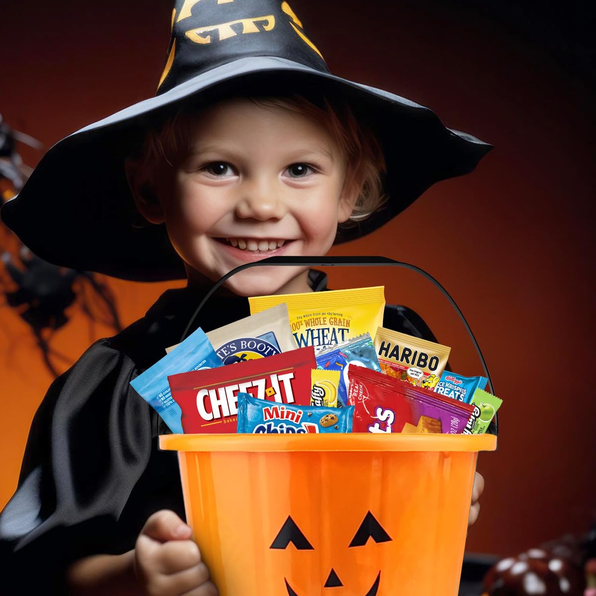 Halloween Basket Gift Care Package - 45 Count Snack Bucket Filled with Assorted Candy  Chocolates &  for Trick-or-Treat  Classroom Parties  Office Events & Family Fun
