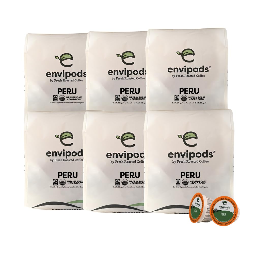 Fresh Roasted Coffee USDA Organic Peru Envipods, Med Roast, 72 CT, Compatible with 1.0 & 2.0 K Cup Brewers, 12 Count (Pack of 6