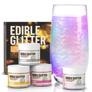 Edible Glitter for Cocktails,Gold/Silver/Rainbow/Pink Luster Dust,4 Colors Food Grade Cake Decorating Sprinkles Glitter for Drin
