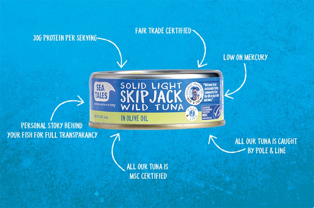 Sea Tales Solid Light Skipjack Canned Tuna In Olive Oil - 100% Pole & Line Wild Sustainably Caught - Fair Trade Certified - High