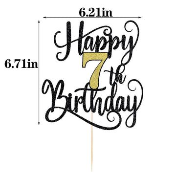 Happy 7Th Birthday Cake Topper, 7 Birthday Party Cake Decorations (Black And Gold Flashes, 7Th)
