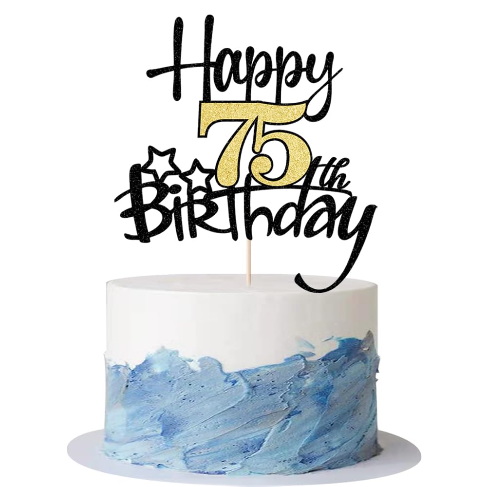 Kaoenla Black Gold Glitter Happy 75th Birthday Cake Topper - Hello 75/Cheers75,Happy fourteen Birthday Anniversary,75 years old 