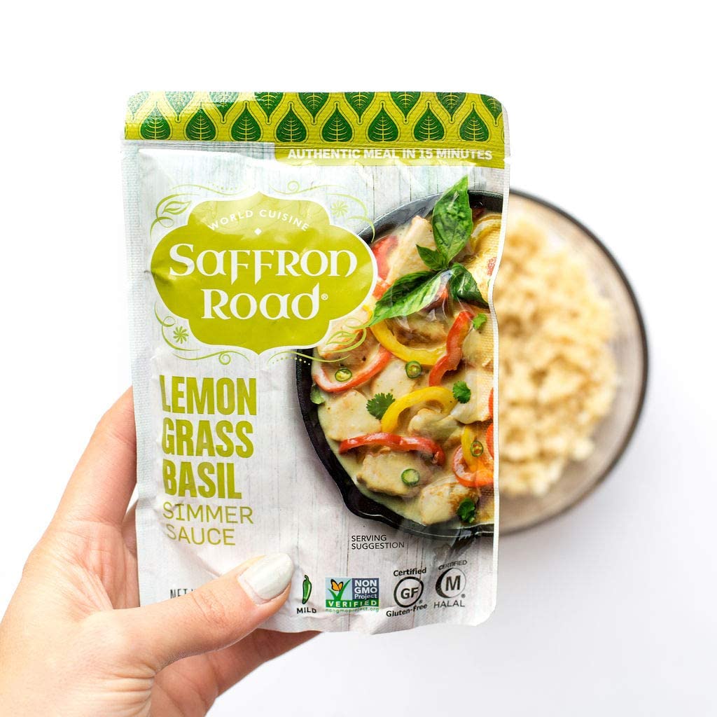 Saffron Road Lemongrass Basil Simmer Sauce – Thai Curry Sauce, Stir Fry & Marinade, No Artificial Flavors, Colors, Or Preservatives, Non-Gmo, Gluten-Free, Halal, Kosher, Vegan (7 Oz, Pack Of 4)