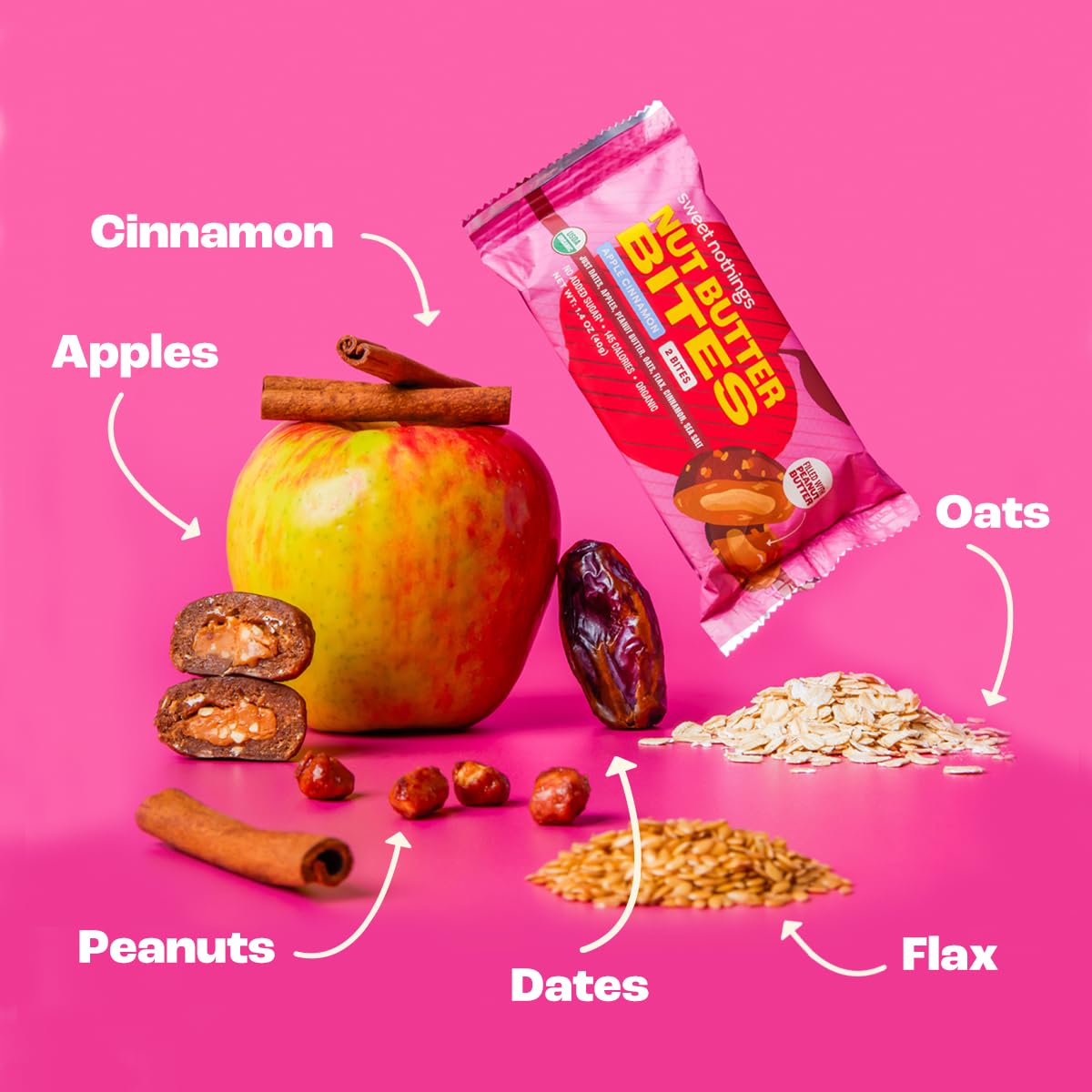 Sweet Nothings, Apple Cinnamon, Usda Organic Nut Butter Bites Protein Bar, Nut & Date Snack, Filled With Peanut Butter, 12-2 Bit