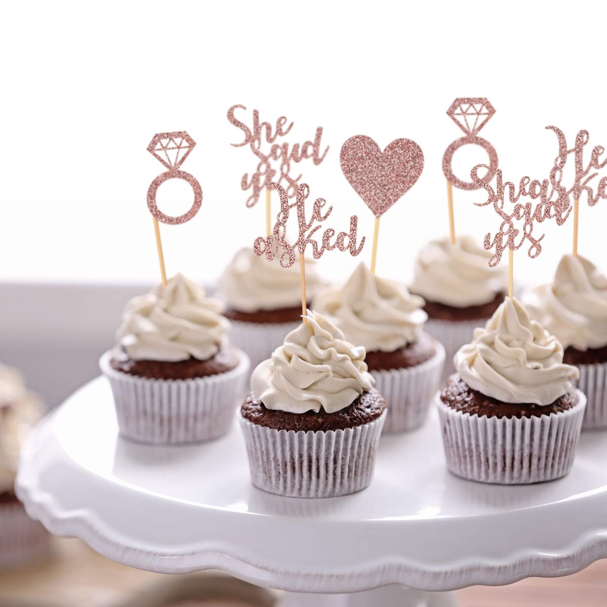 Donoter 48 Pcs Rose Gold He Asked She Said Yes Cupcake Toppers Diamond Ring Heart Cake Picks For Wedding Engagement Party Cake D