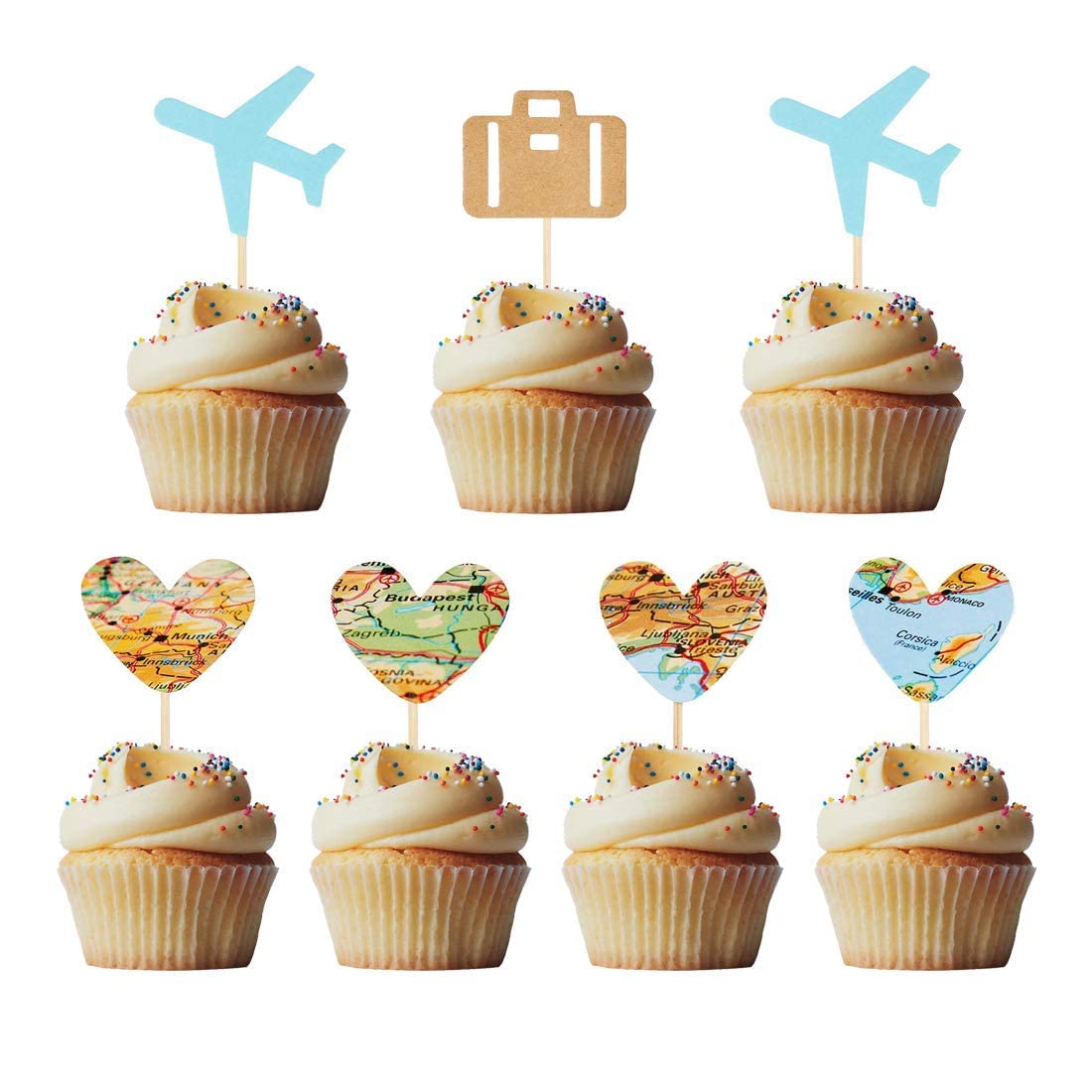 Morndew 24 Pcs Travel Cupcake Toppers Blue Airplane Map Heart Traveling Case Cake Topper Picks For World Awaits Travel Themed Ba