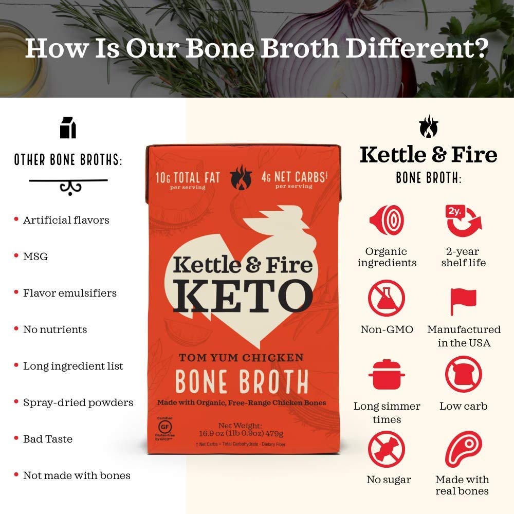 Kettle & Fire Tom Yum Chicken Bone Broth, Keto & Paleo Friendly, 16.9 Fl Oz, Pack of 6
