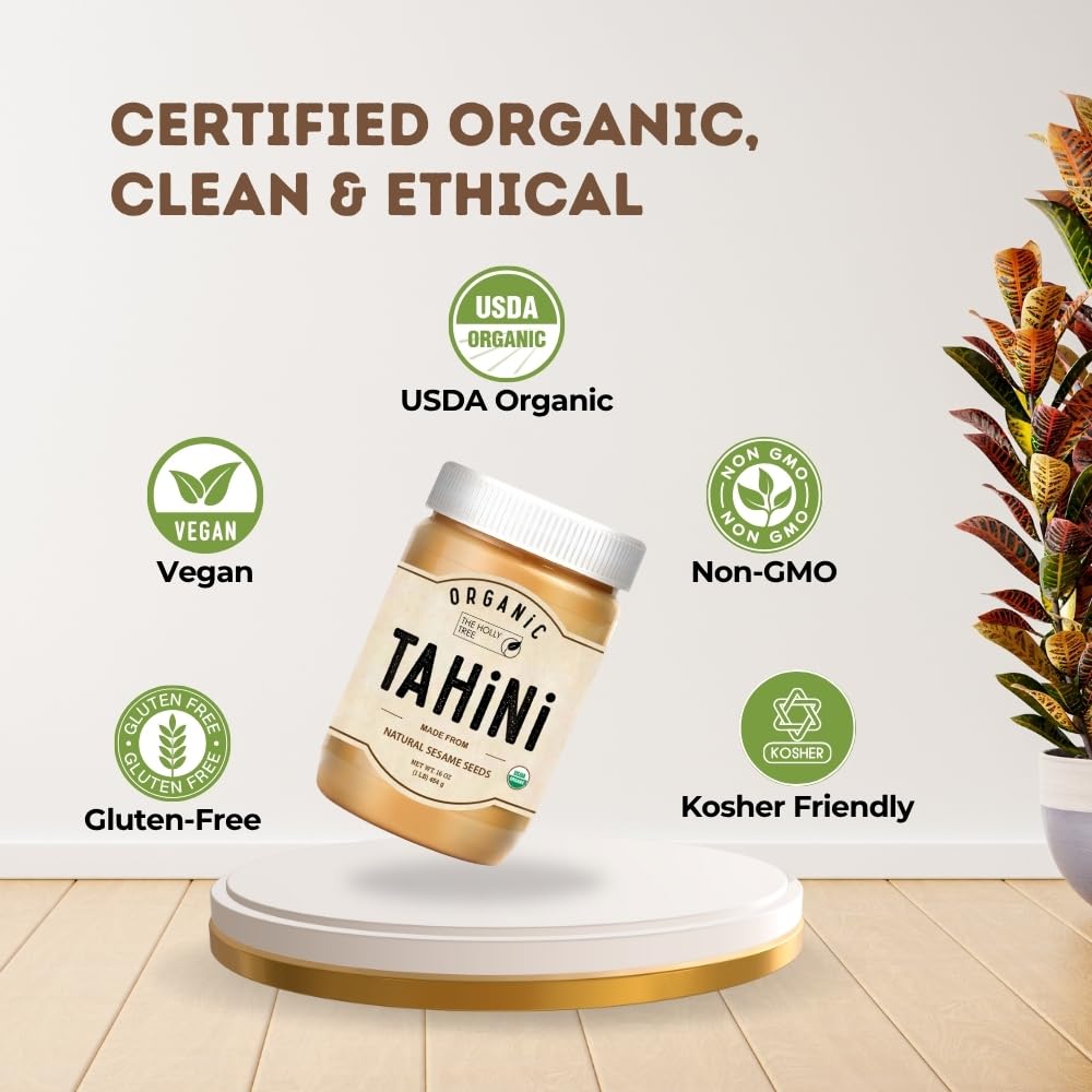 Organic Tahini Paste 16 oz (1lb) - Unhulled White Sesame Tahini Dressing - USDA Certified  Gluten Free  Kosher - Creamy Organic Tahini Sauce for Dressigns  Dips  Spreads & Hummus - The Holly Tree