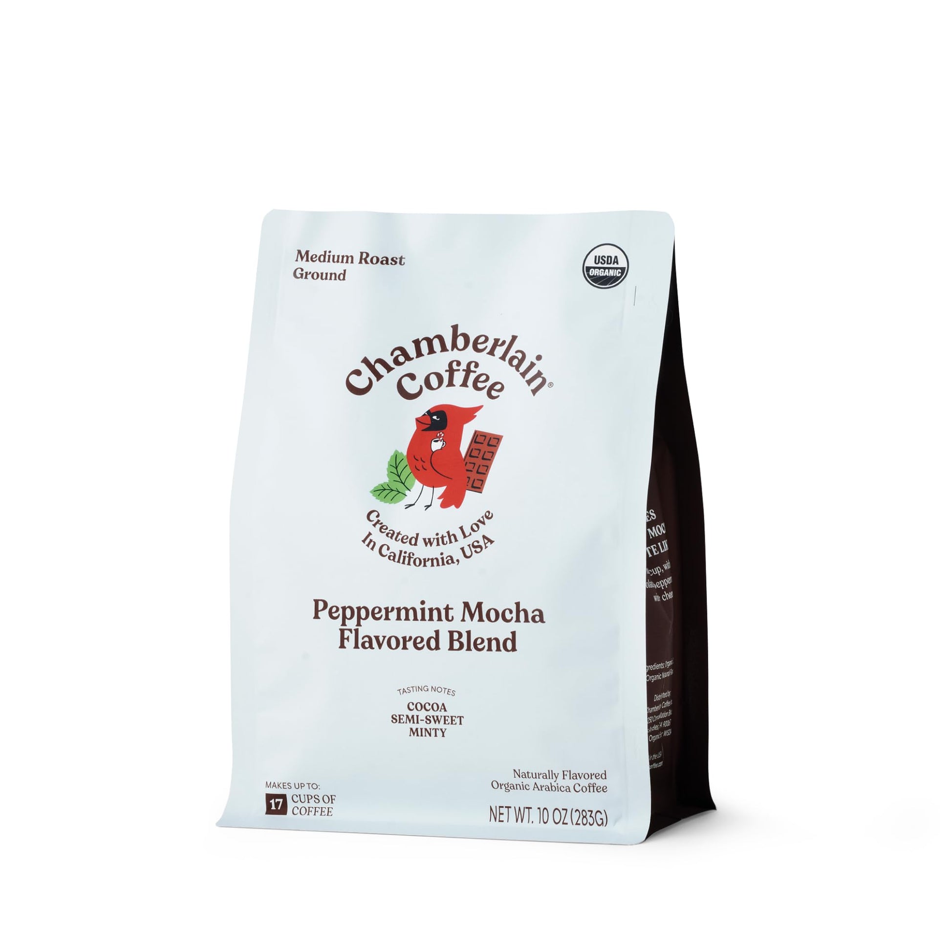 Chamberlain Coffee Clever Cardinal Peppermint Mocha Blend - Medium Roast Ground Coffee  Well-Balanced With Rich Dark Chocolate And Peppermint Notes  Freshly Roasted In California - 12 Oz