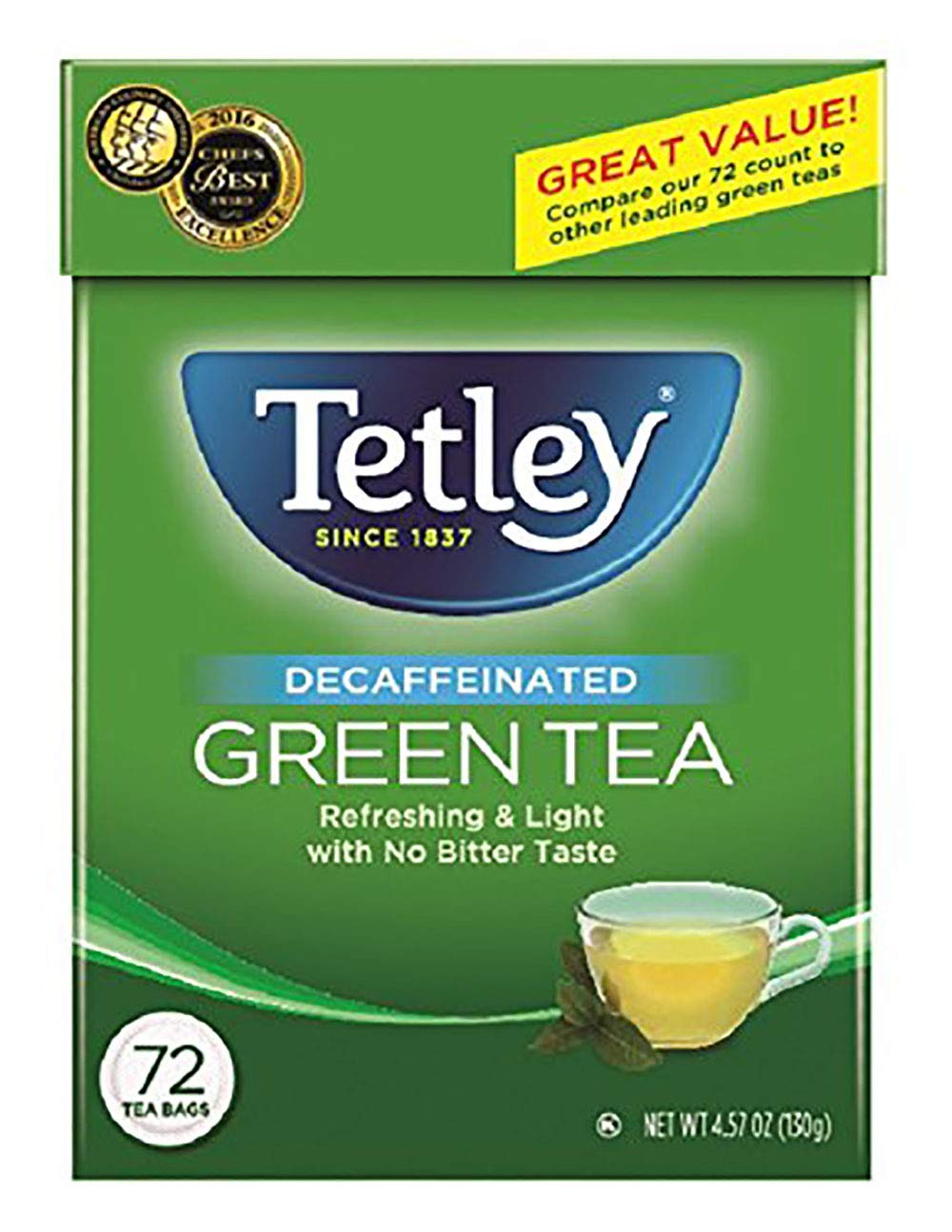 Tetley Natural Decaf Green Tea, Decaffinated Tea, 72 Teabags (Pack of 6), Rainforest Alliance Certified