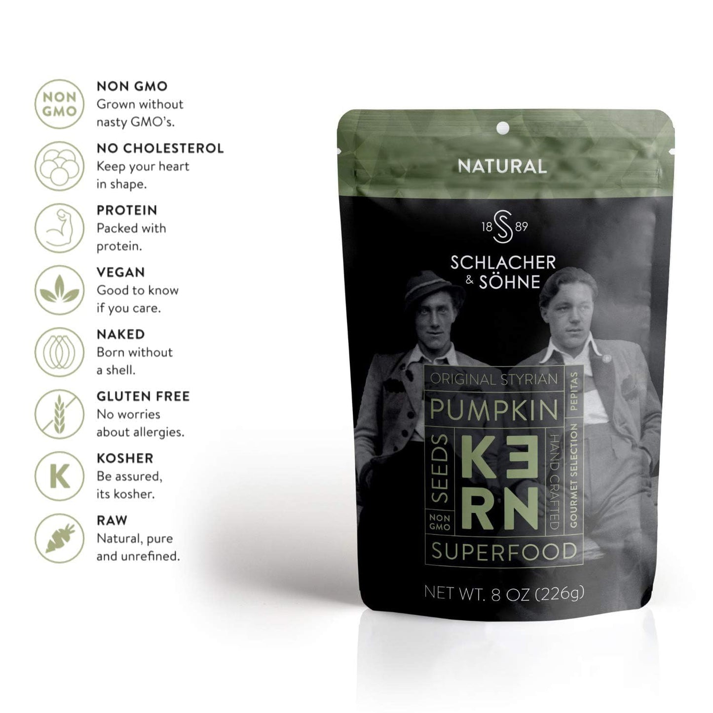 Schlacher & Shne Styrian Pumpkin Seeds, 100% Pure & Natural, Premium Quality Pepitas, Healthy Snacks, Raw, Fresh Superfood, Unsa
