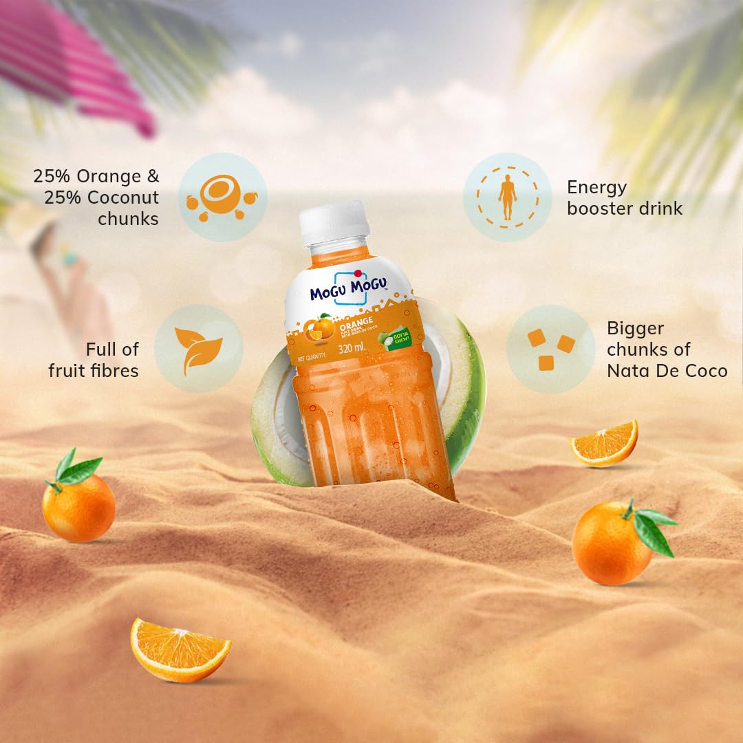 Mogu Mogu Orange And Lychee Juice 25% With Nata De Coco | Energy Booster Drink | Full Of Fruit Fibres | No Added Preservatives A