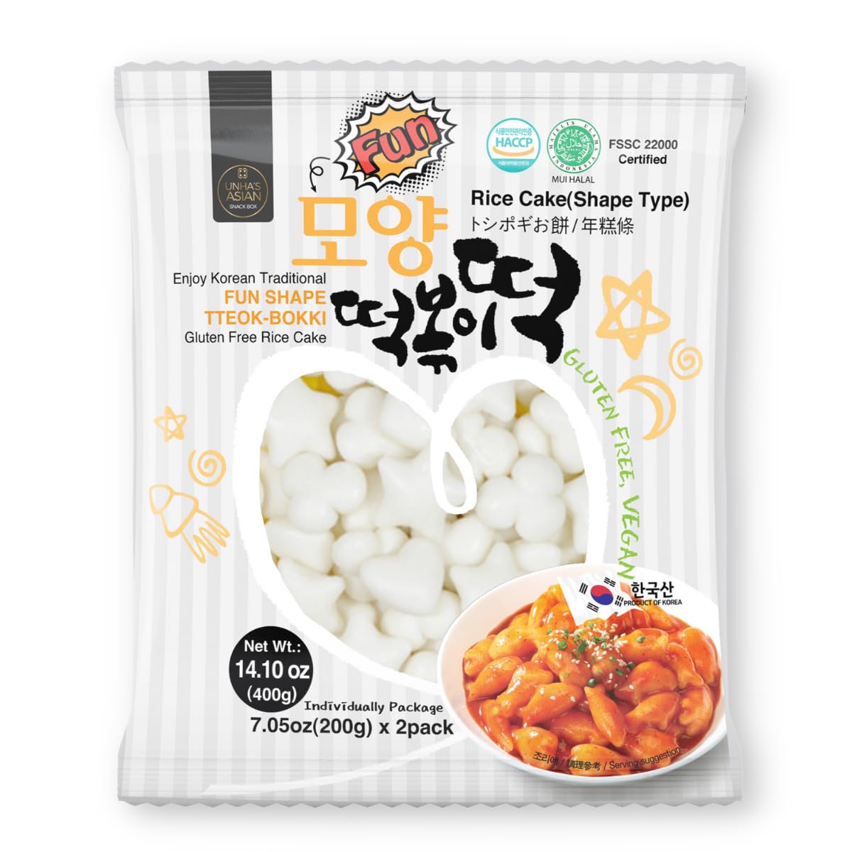 Korean Rice Cake, Tteokbokki, Fun-Shaped & Chewy, 1 Pack (2 Individual Package) Vegan, Non-Gmo, Gluten-Free, Easy To Cook, 14.10Oz Per Pack (2 Pack) (14.1 Oz)