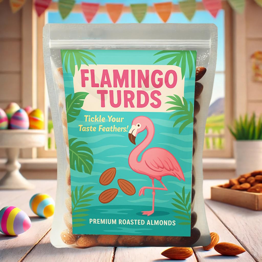 Flamingo Turds Premium Almonds: Exquisite Vibrant Tropical Delight, Expertly Roasted For Flamingo Lovers, Perfect For Unique Par