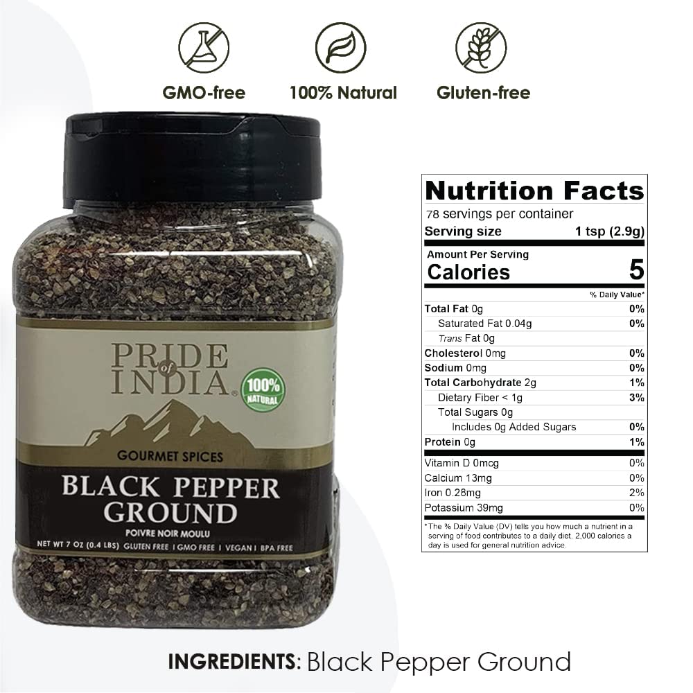 Pride Of India Black Pepper Ground - Pack of 6 - 7oz Medium Dual Sifter Jar - Fresh & Preservatives Free