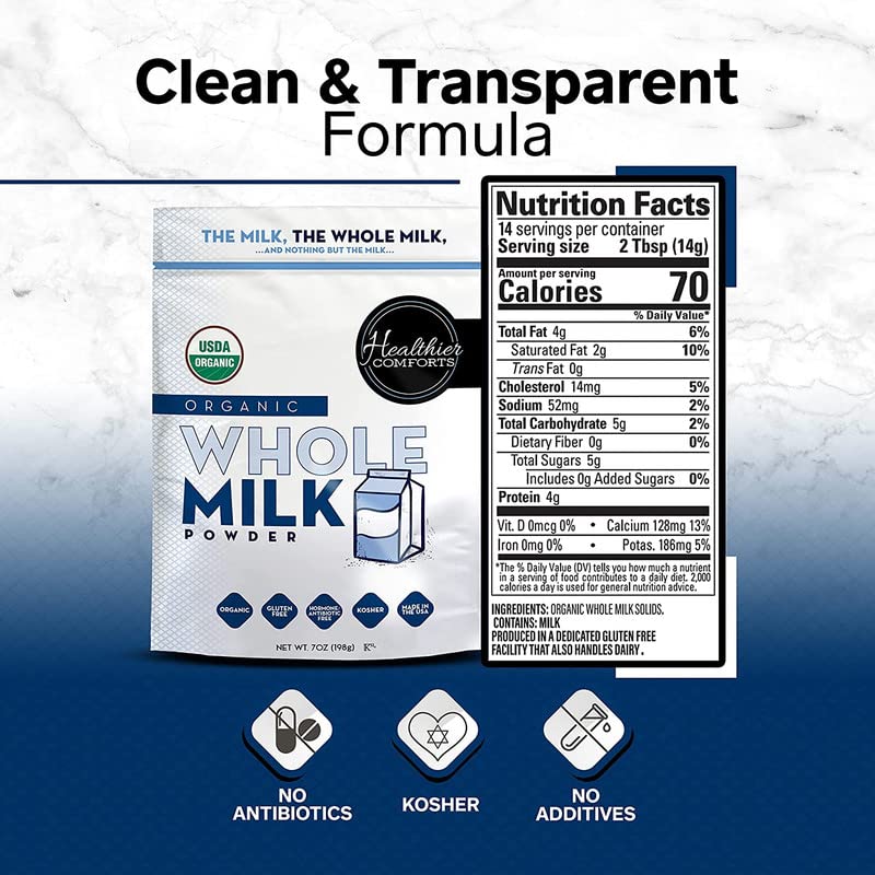 Healthier Comforts Organic Whole Milk Powder, Certified USDA Organic, Gluten Free, Non-GMO, 7oz Resealable Packaging