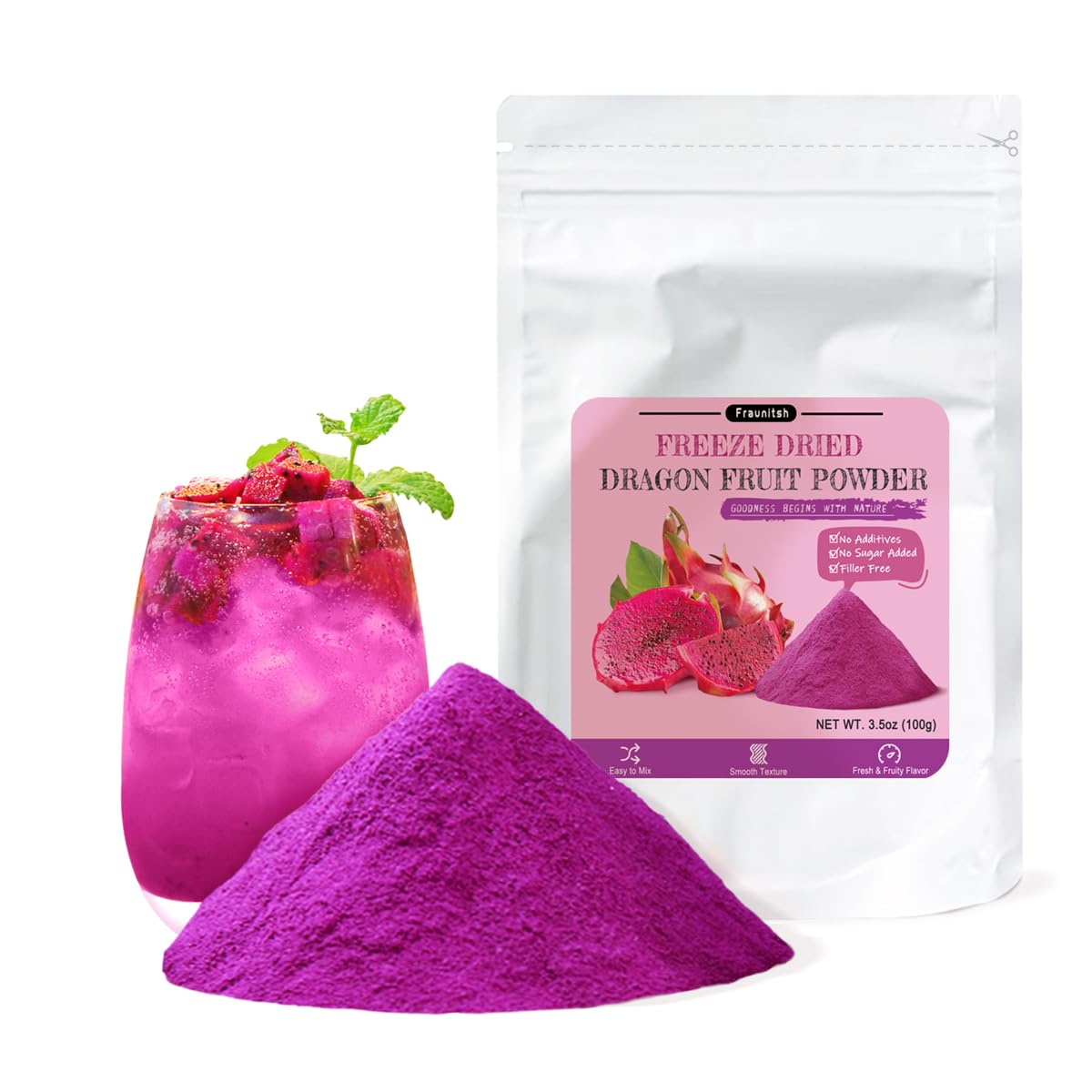 Fraunitsh Dragon Fruit Powder - Freeze Dried Pink Pitaya, No Sugar & Additives, 3.52oz