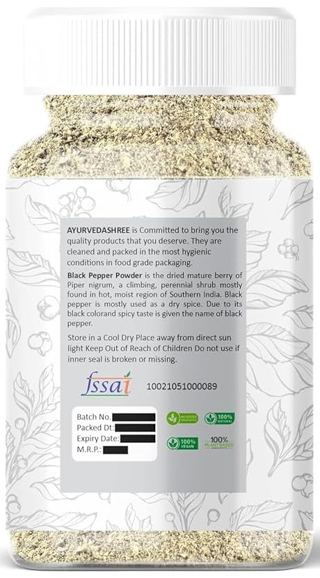 AYURVEDASHREE Black Pepper Powder, Premium Quality, Non-GMO, 100gm PET Jar