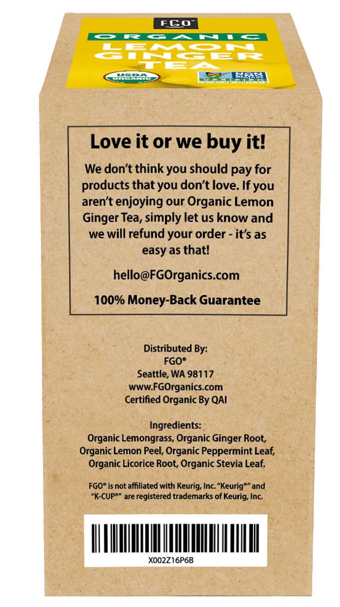 FGO Organic Lemon Ginger Tea K-Cup Pods - Caffeine-Free, 24 Count, Keurig Compatible