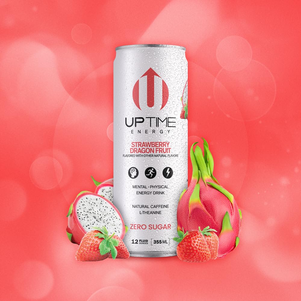 UPTIME Energy Drink, Strawberry Dragon Fruit, 12 Pack, Zero Sugar, 142mg Natural Caffeine, 12 fl oz Cans